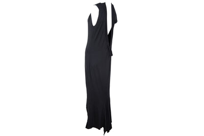 Vintage PierAntonioGaspari minimal black maxi dress with dramatic low back and asymmetrical sleeves