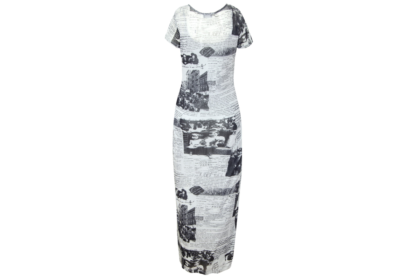 Vintage 90s French brand sheer mesh maxi dress with newspaper collage print