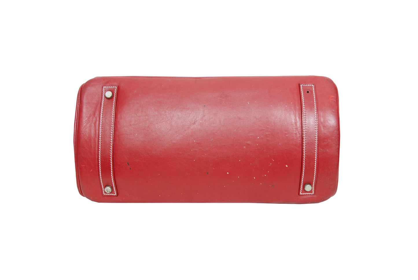 Vintage Italian red leather east west handbag with turn lock closure and floral motif