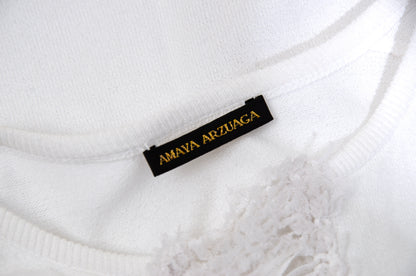 2000s Amaya Arzuaga white knit top with frayed mesh and ribbon corset front
