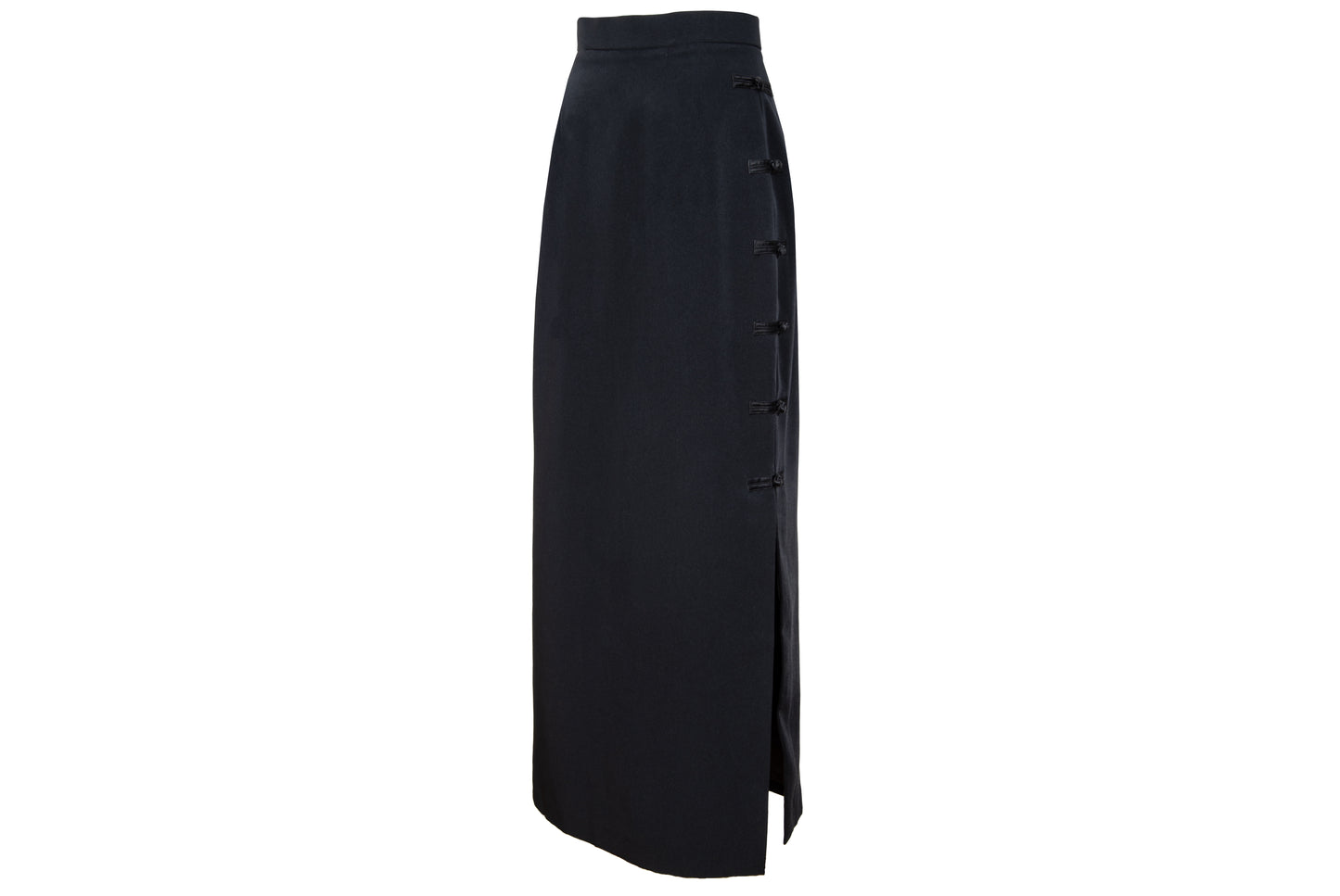 90s French brand silk blend brandebourg closure black maxi skirt