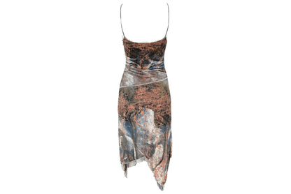 90s Italian designer silk abstract print dress with mesh trim - Made in Italy