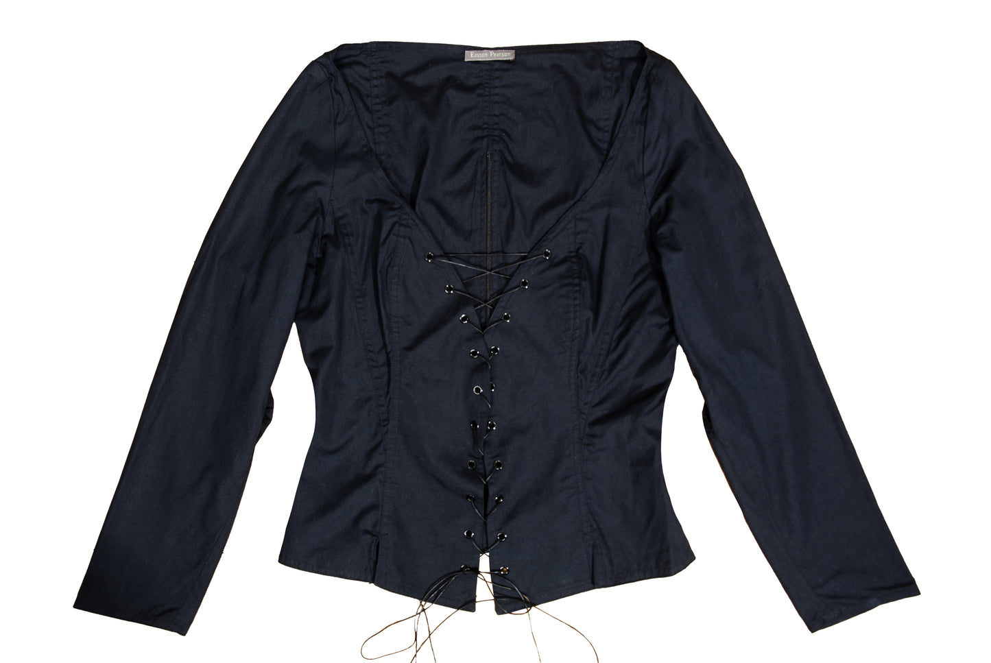 Vintage Easton Pearson black cotton corset inspired lace-up blouse with zip back opening