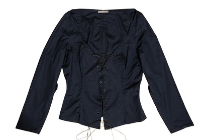 Vintage Easton Pearson black cotton corset inspired lace-up blouse with zip back opening