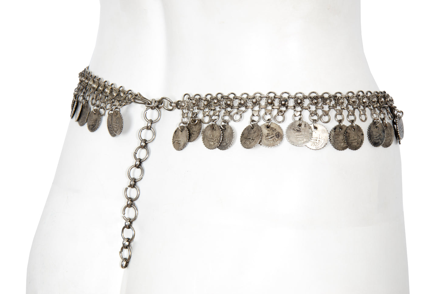 1970s Afghan Kuchi style silver tone metal chain belt with coin charms