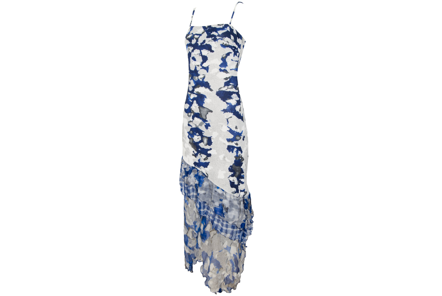 Vintage Italian designer silk abstract print asymmetrical ruffle hem spaghetti strap mermaid dress