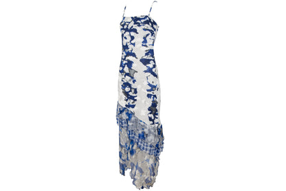Vintage Italian designer silk abstract print asymmetrical ruffle hem spaghetti strap mermaid dress