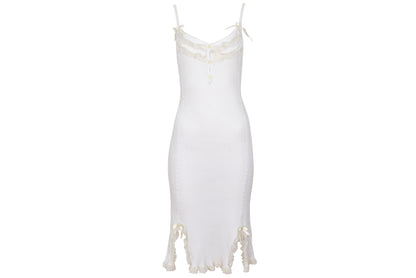 1990s Italian white ribbed cotton slip dress with ruffle lace and satin ribbons details