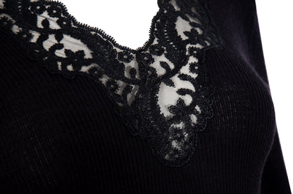 Vintage silk and wool sheer lace plunging neckline long sleeves top / Made in Italy