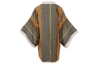 Vintage handwoven linen striped wide sleeves kimono inspired jacket - Made in Italy