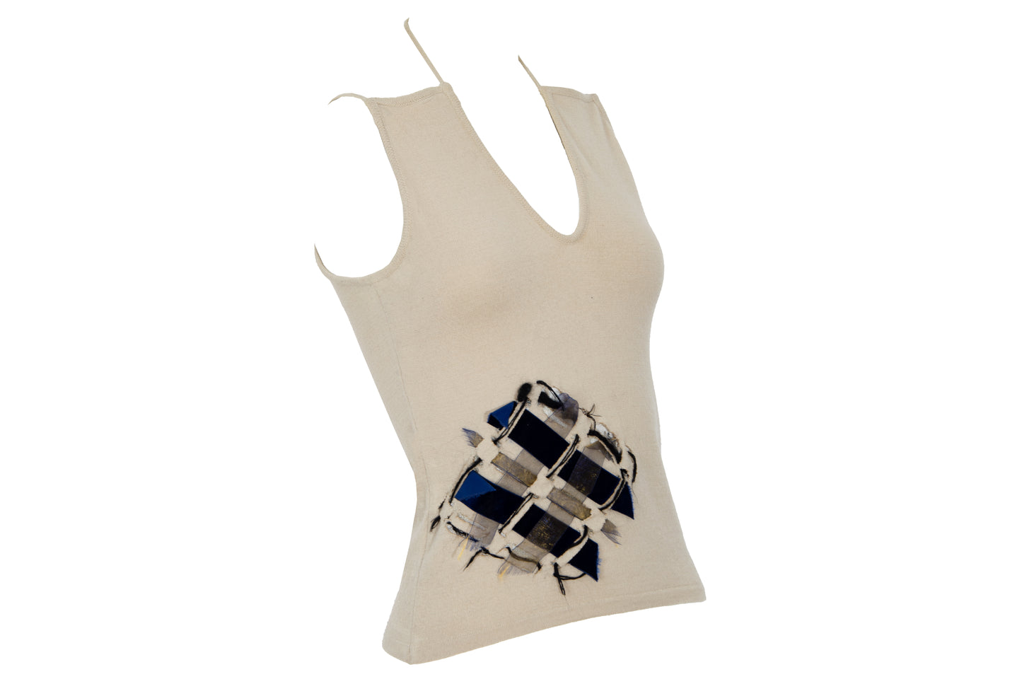 Vintage Amaya Arzuaga wool blend knit deconstructed top with woven ribbon appliqué