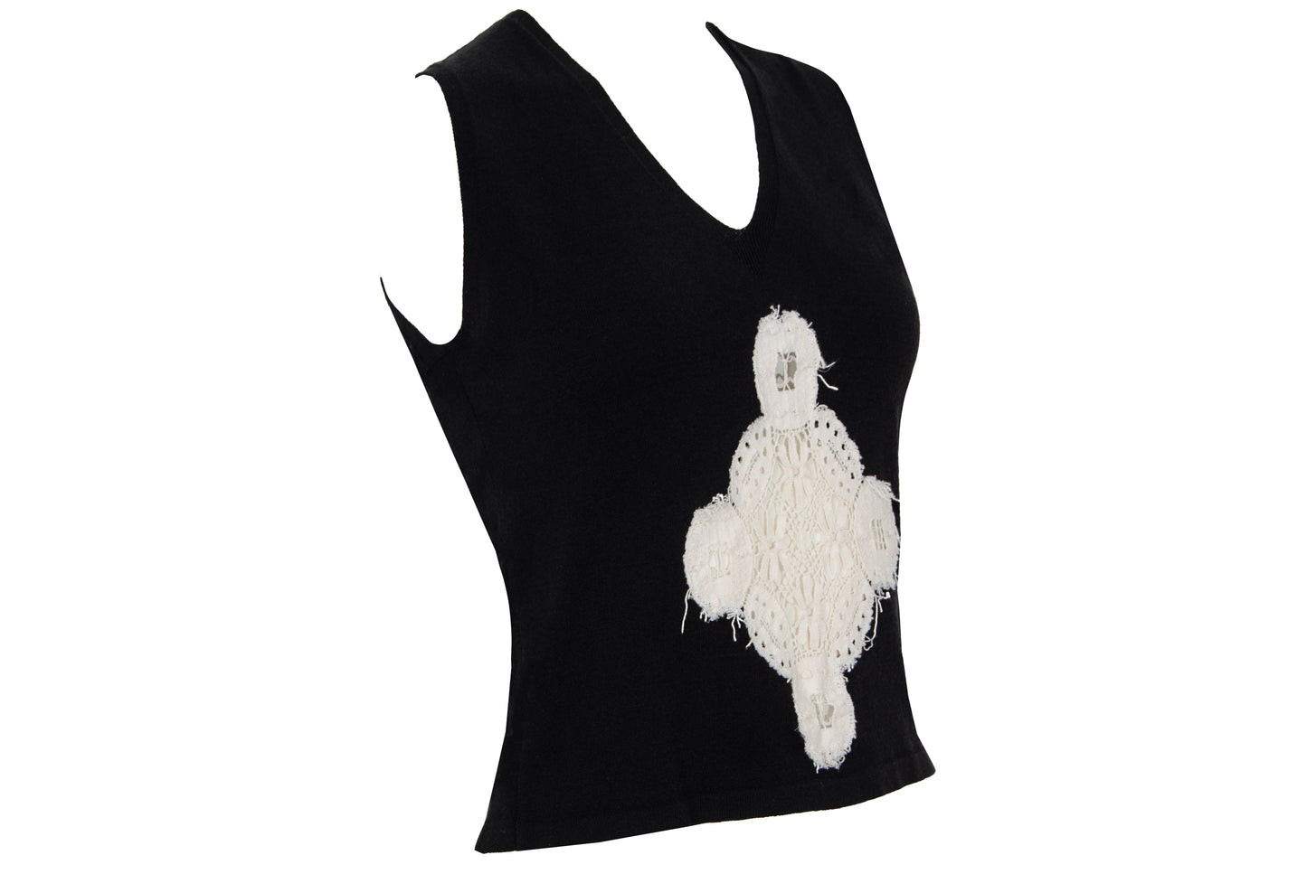 2000s Amaya Arzuaga soft black knit top with ecru doily appliqué - Made in Spain