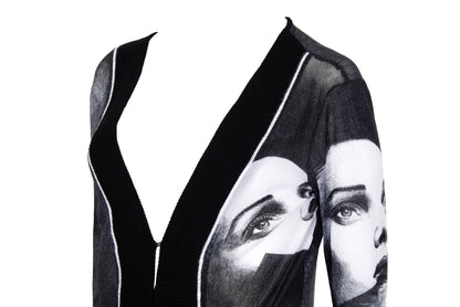 2000s sheer mesh black and white portrait print knit trim cardigan - Made in Italy