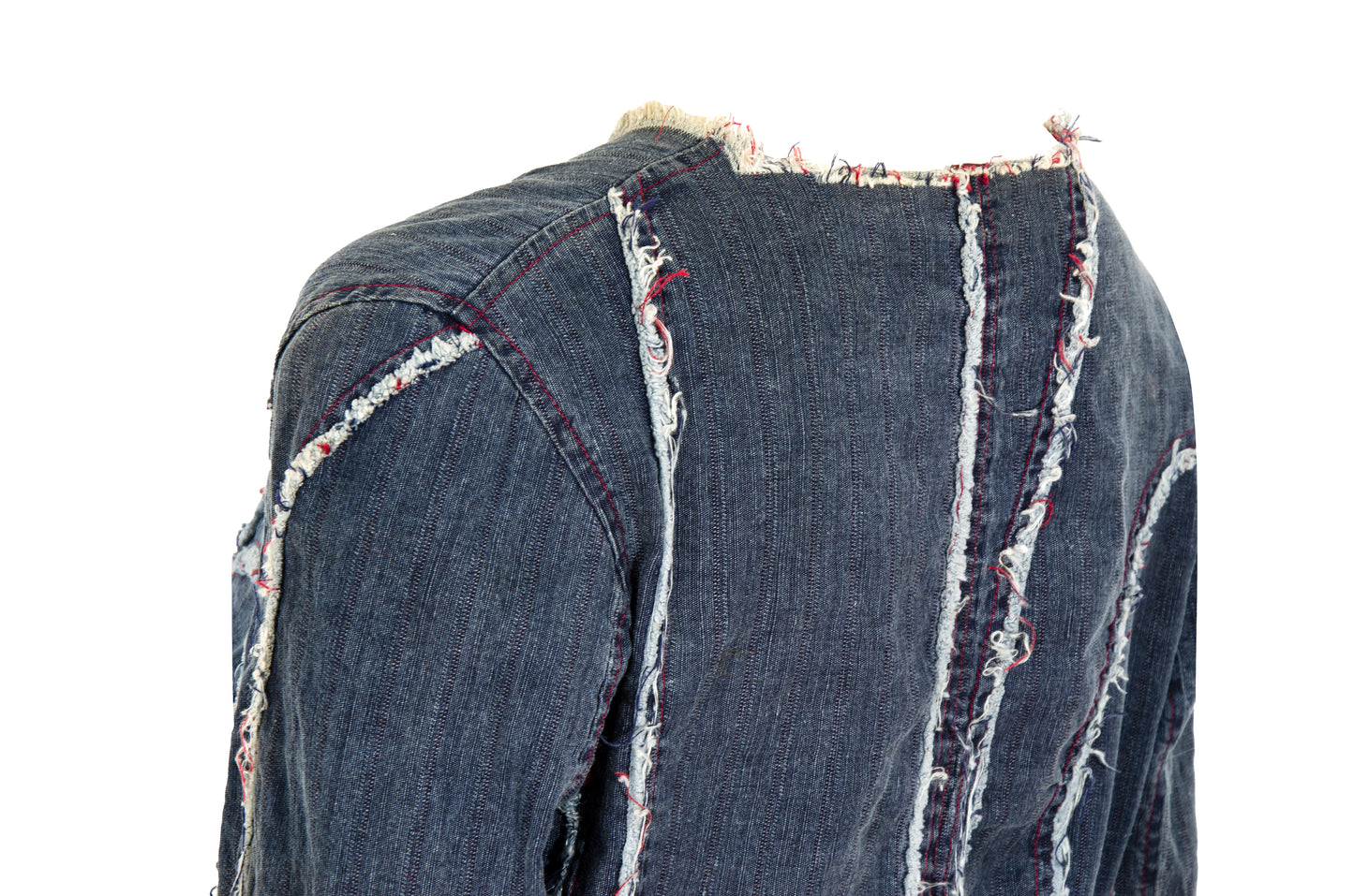 2000s French brand deconstructed denim hook & eye closure distressed denim shirt