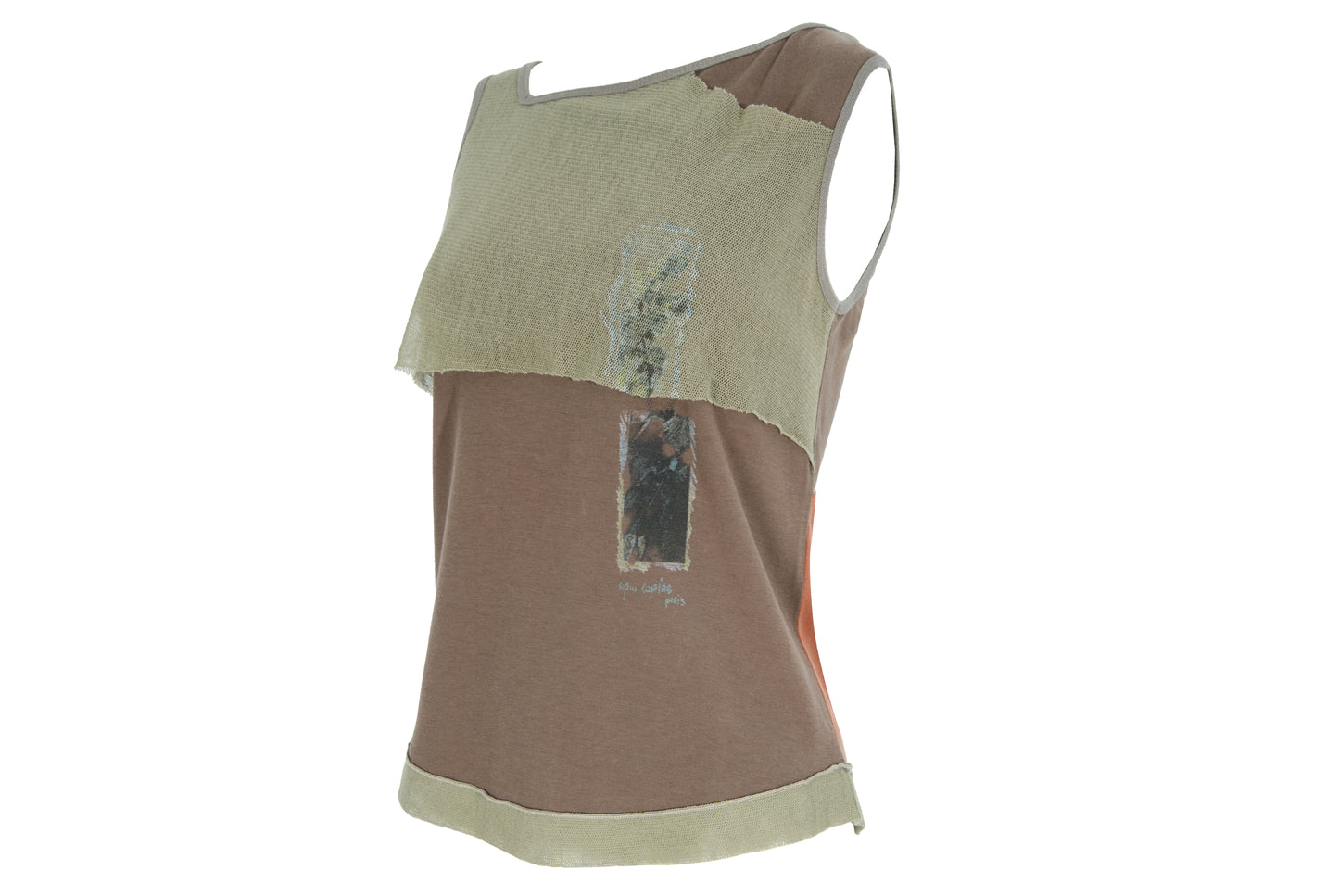 2000s Cop Copine cotton tank top with mesh overlays and abstract photo print