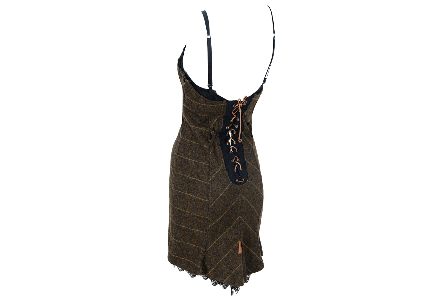 Vintage Italian brand wool plaid lace up corset dress with underwire cups