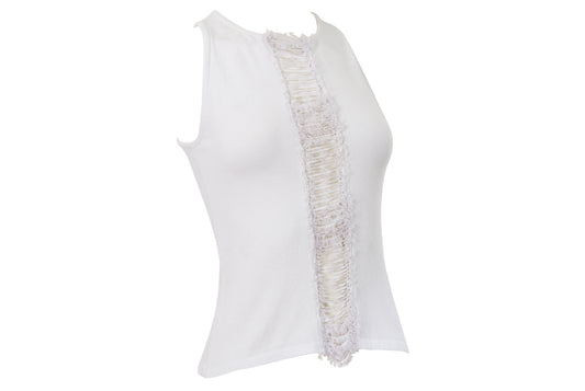 2000s Amaya Arzuaga white knit top with frayed mesh and ribbon corset front