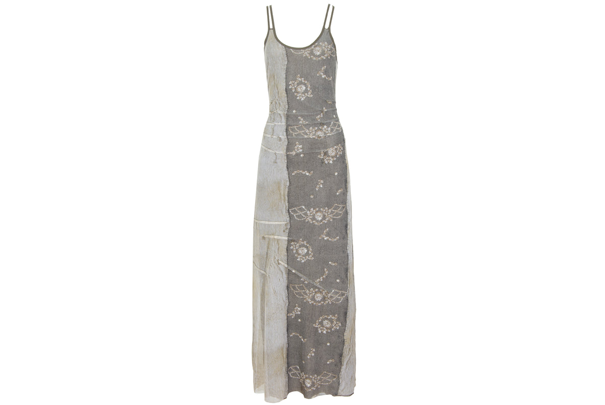 90s French brand mesh earth tones abstract print criss cross back spaghetti straps dress