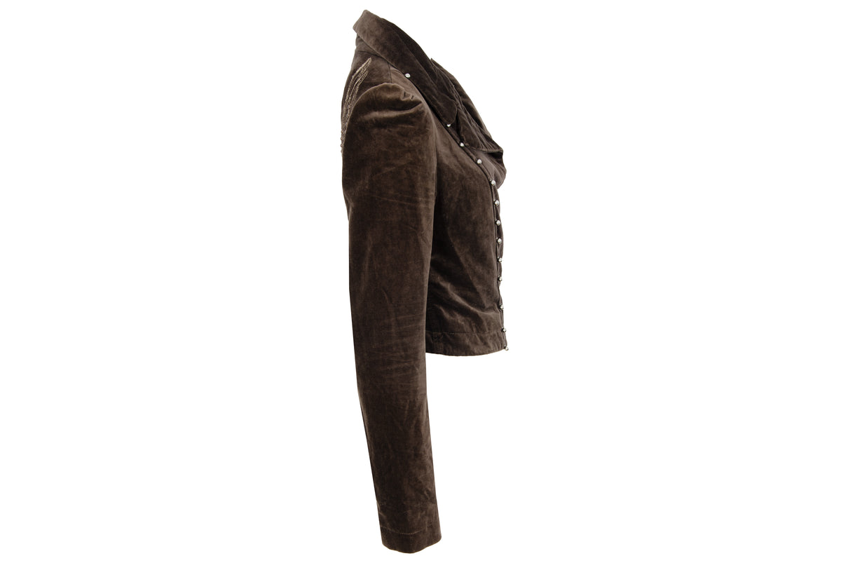 2000s Nolita brown velvet fitted cropped jacket with studded embroidered back - Made in Italy