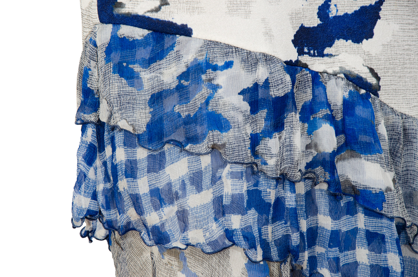 Vintage Italian designer silk abstract print asymmetrical ruffle hem spaghetti strap mermaid dress
