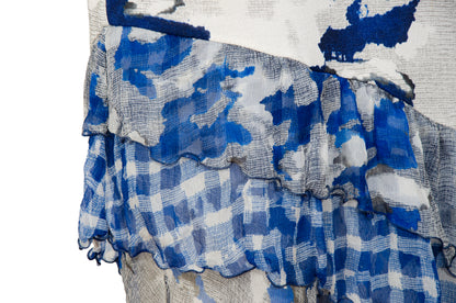 Vintage Italian designer silk abstract print asymmetrical ruffle hem spaghetti strap mermaid dress
