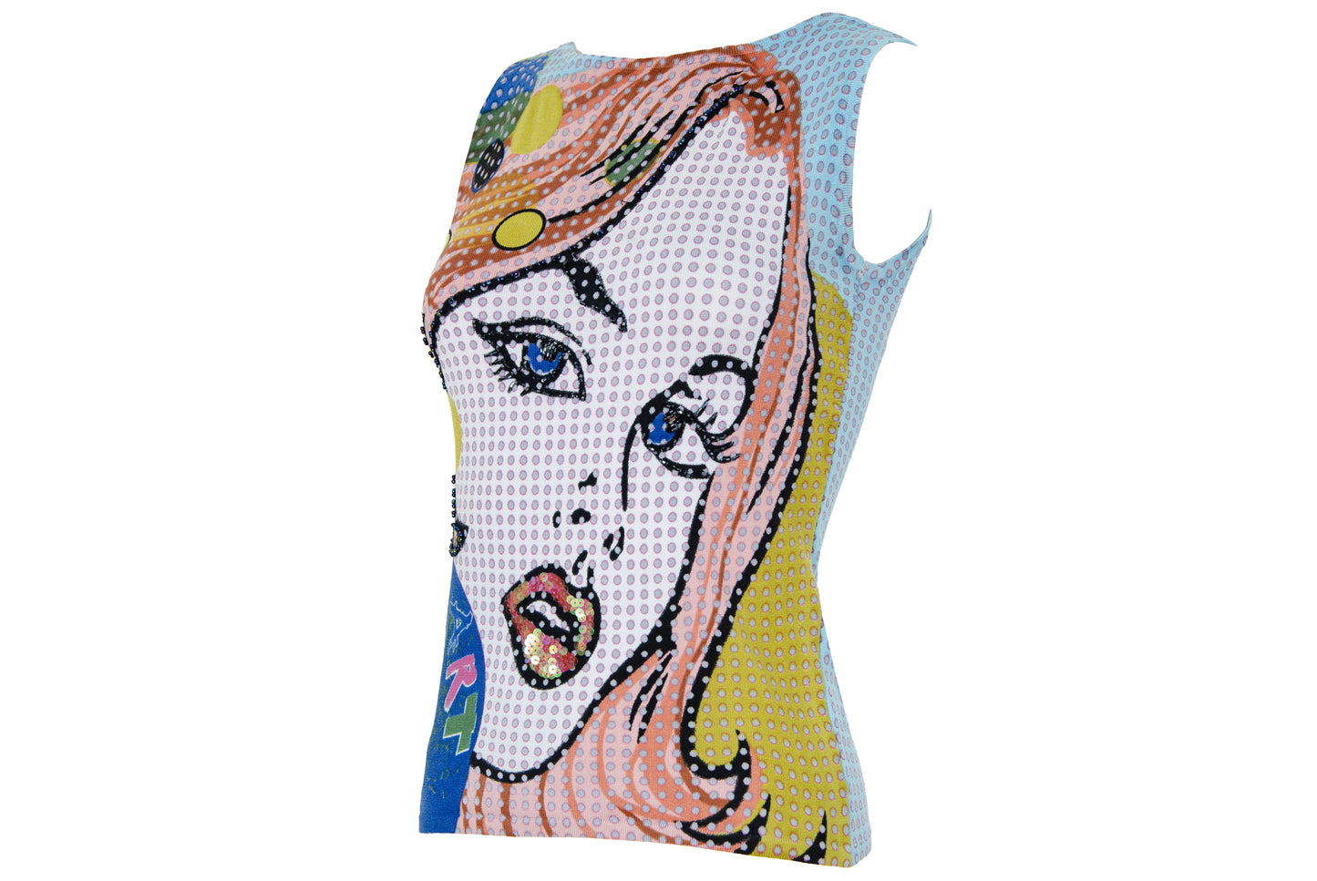 2000s pop art inspired tank top - Comic style portrait adorned with sequins and beads
