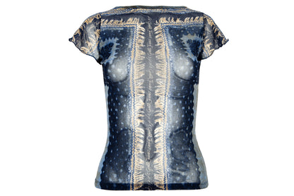 2000s Italian brand sheer mesh cap sleeves top with abstract print - Made in Italy