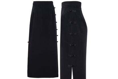 90s French brand silk blend brandebourg closure black maxi skirt