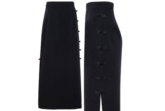 90s French brand silk blend brandebourg closure black maxi skirt