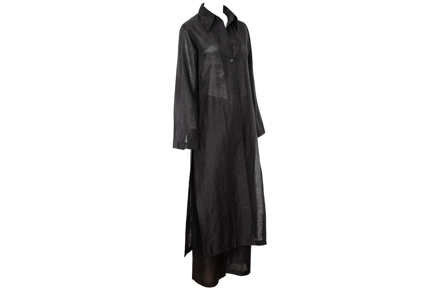 Vintage minimalist black linen long shirt jacket & pants two piece set