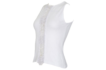 2000s Amaya Arzuaga white knit top with frayed mesh and ribbon corset front