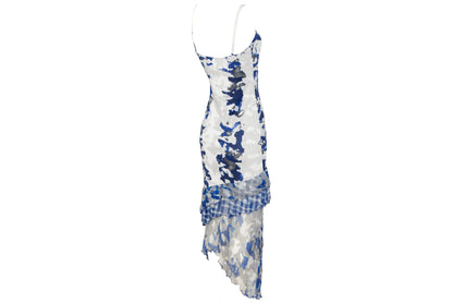 Vintage Italian designer silk abstract print asymmetrical ruffle hem spaghetti strap mermaid dress