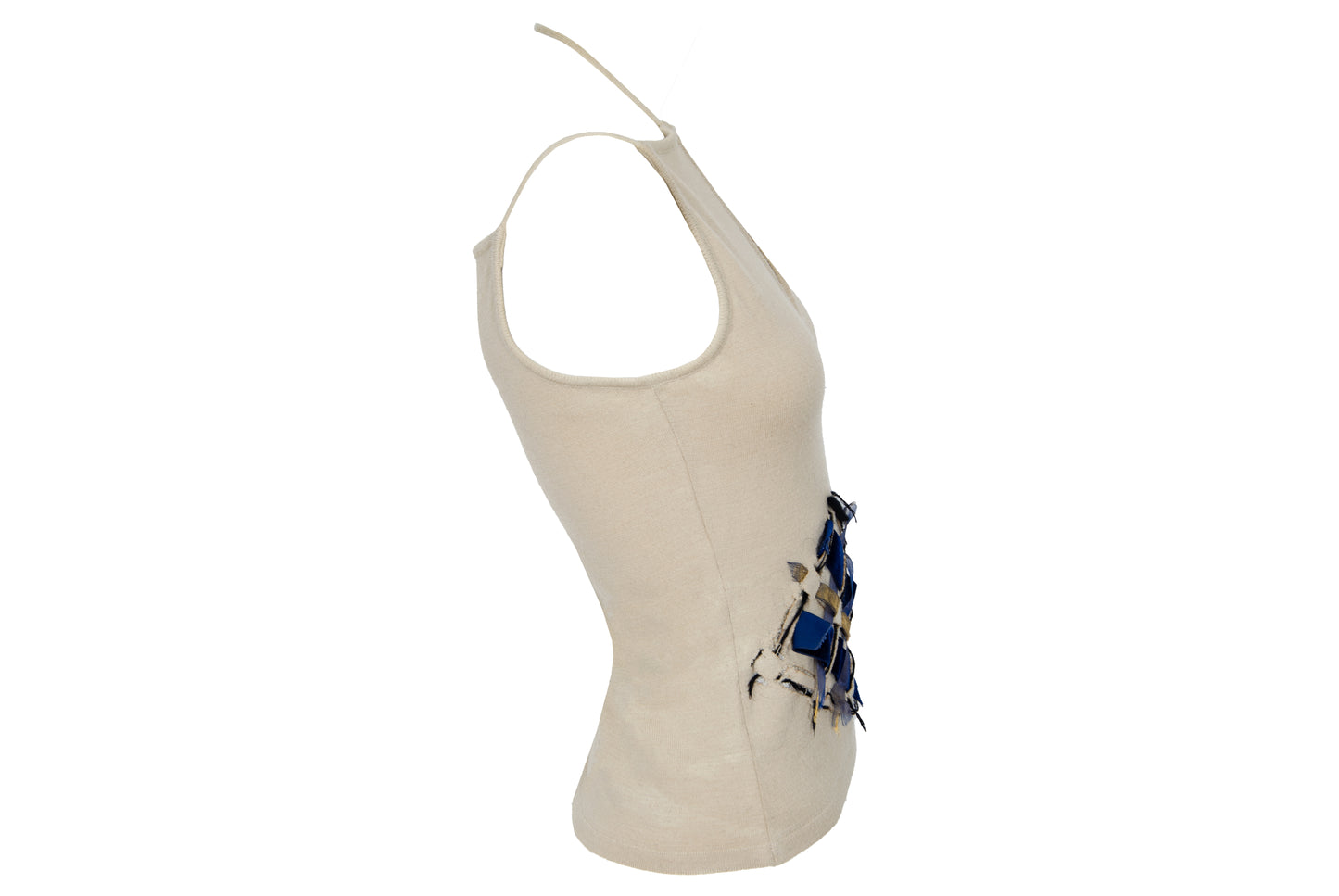 Vintage Amaya Arzuaga wool blend knit deconstructed top with woven ribbon appliqué