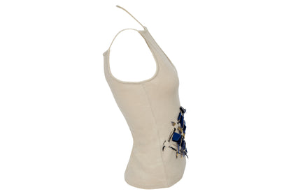 Vintage Amaya Arzuaga wool blend knit deconstructed top with woven ribbon appliqué