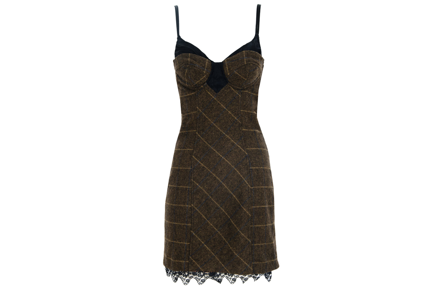 Vintage Italian brand wool plaid lace up corset dress with underwire cups