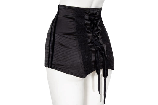 2000s black satin lace-up back girdle or waist cincher - Vintage French brand