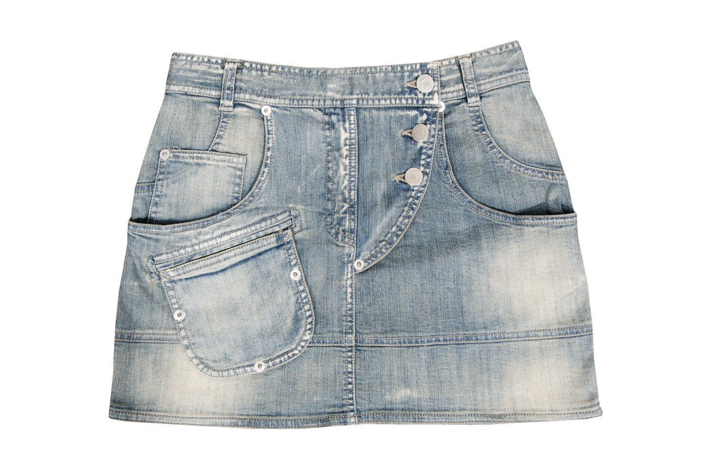 2000s Antonio Berardi mini denim skirt with asymmetrical closure and utility pockets