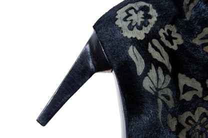 Vintage black calf hair Italian boots with floral motif and sleek high heel
