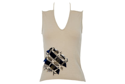 Vintage Amaya Arzuaga wool blend knit deconstructed top with woven ribbon appliqué