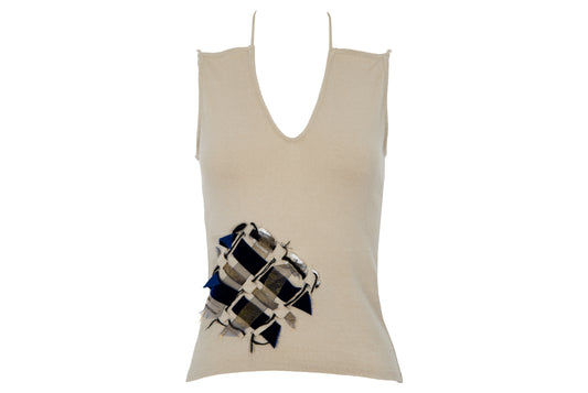 Vintage Amaya Arzuaga wool blend knit deconstructed top with woven ribbon appliqué