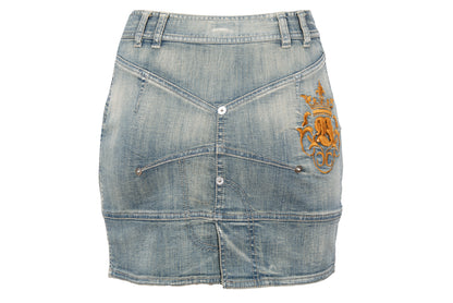 2000s Antonio Berardi mini denim skirt with asymmetrical closure and utility pockets