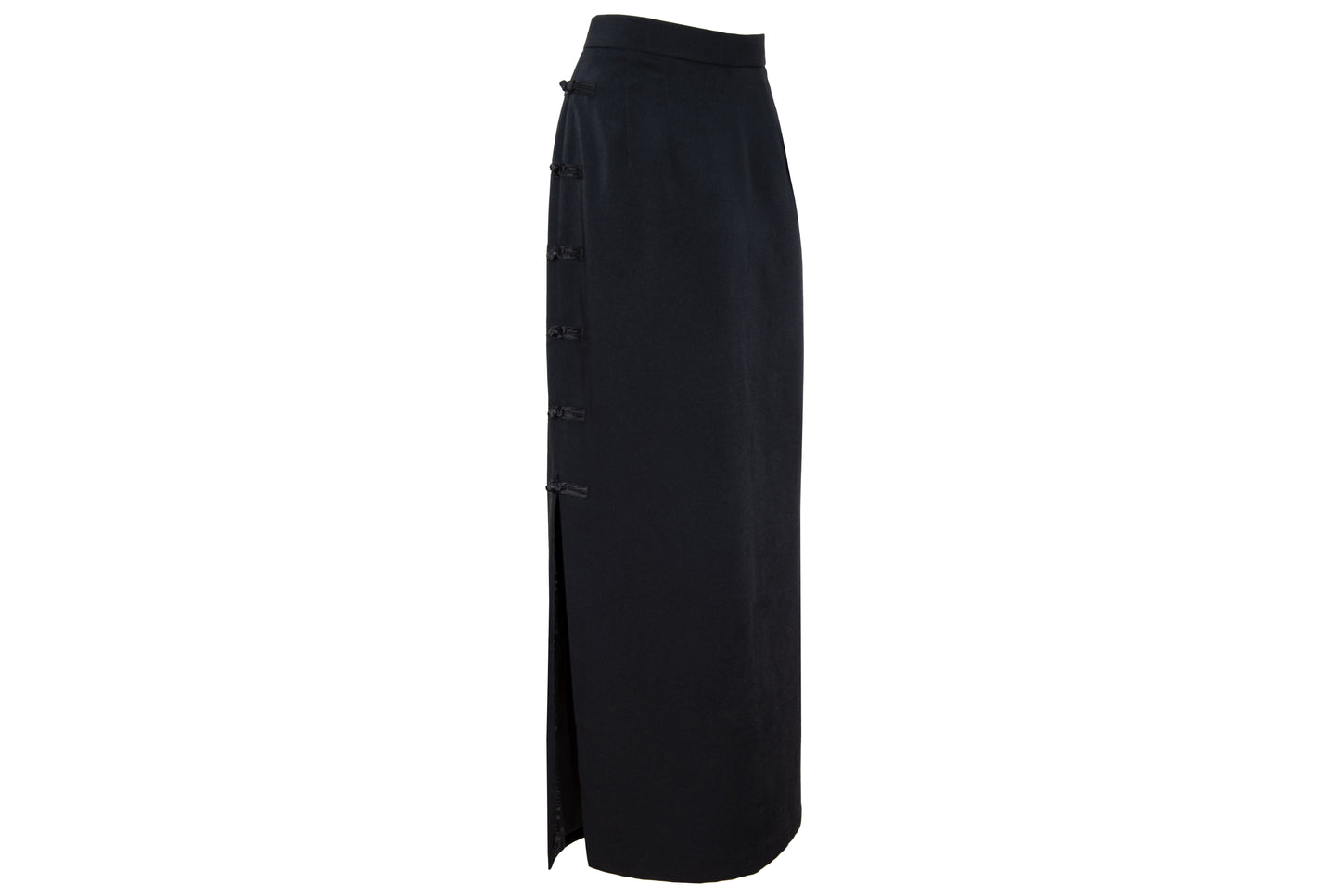 90s French brand silk blend brandebourg closure black maxi skirt