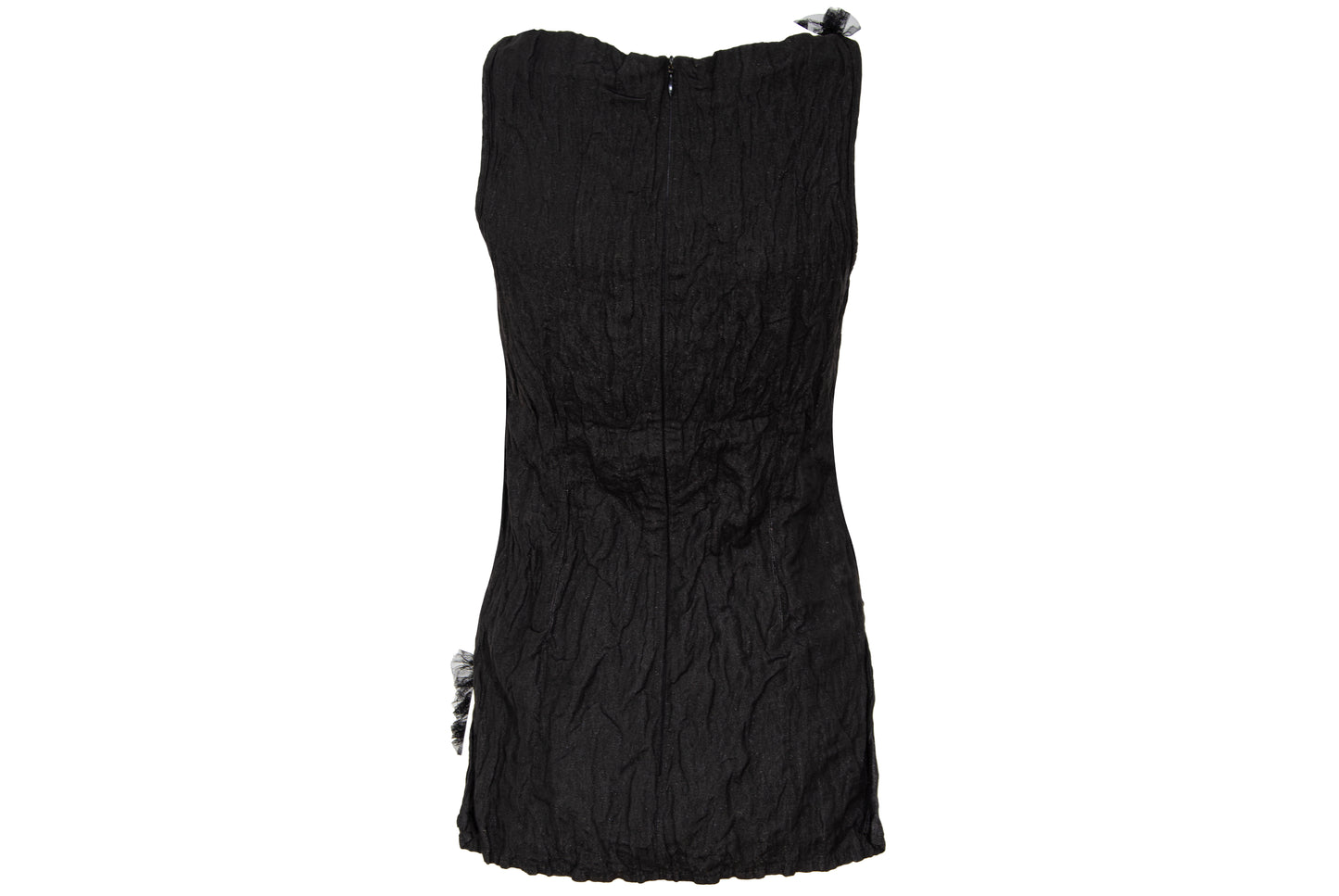90s Marcel Marongiu black sleeveless top with permanent pleats and mesh ruffle trim
