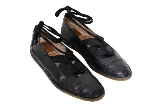Vintage Dries Van Noten black leather lace-up glove ballet flats - Made in Italy