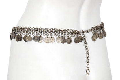 1970s Afghan Kuchi style silver tone metal chain belt with coin charms