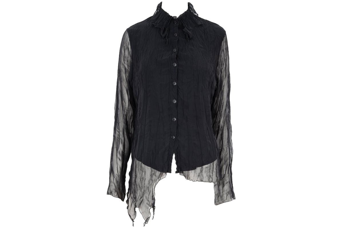 Vintage black sheer permanent pleats crinkled black blouse - Made in France