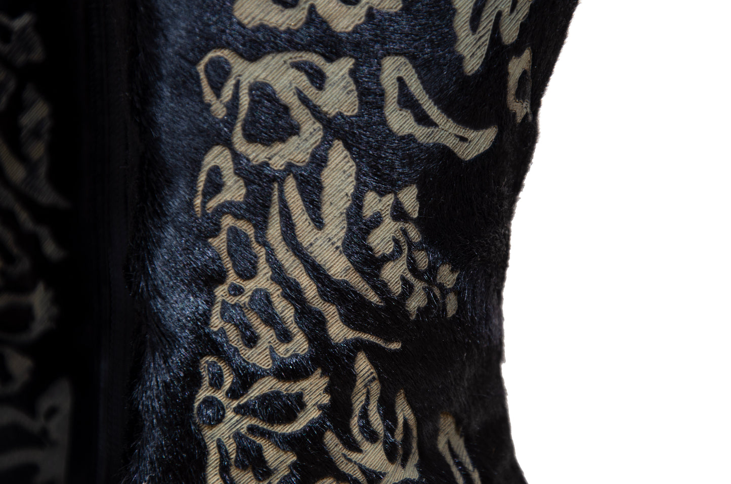 Vintage black calf hair Italian boots with floral motif and sleek high heel