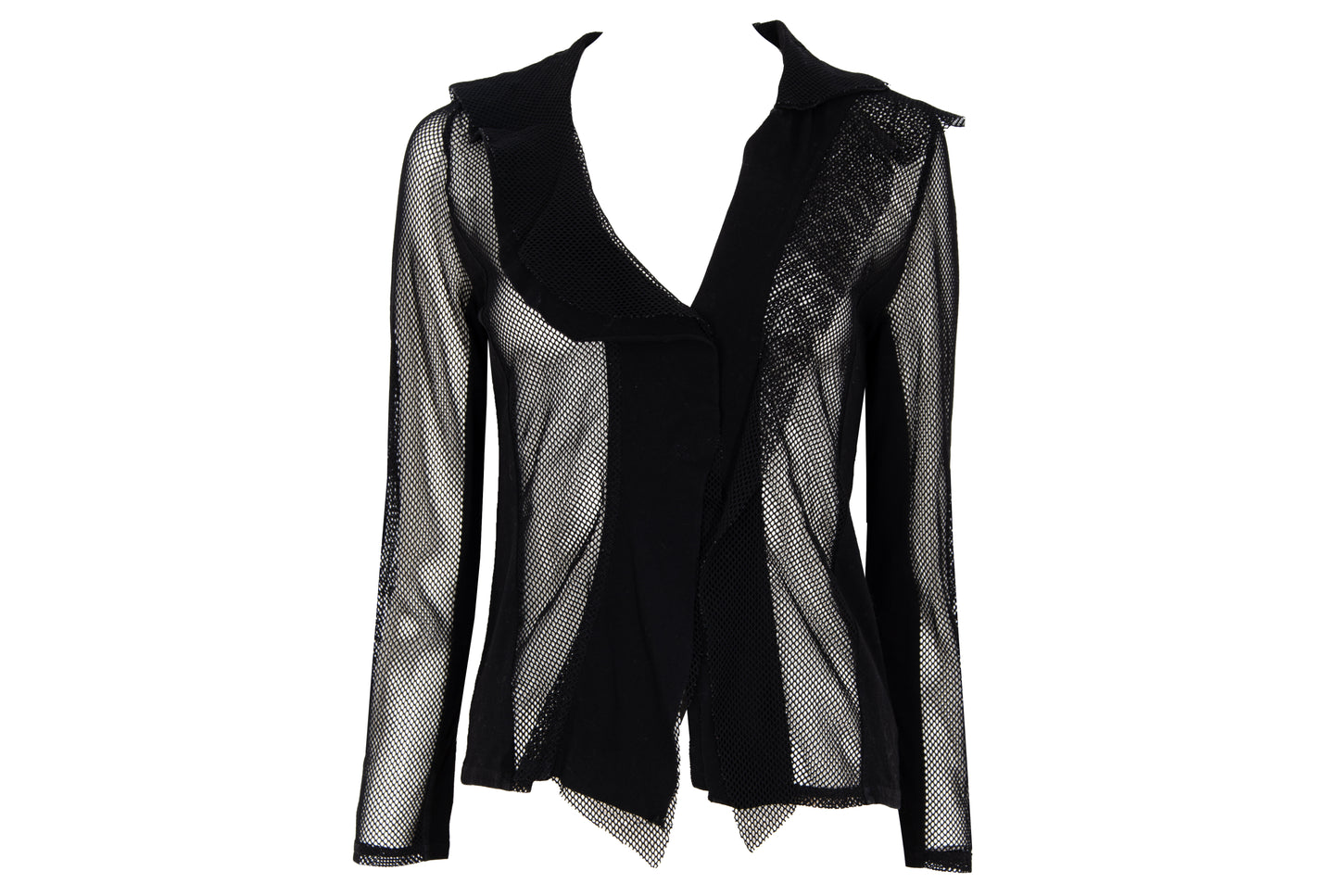 Vintage Ritsuko Shirahama black fishnet top with contrast panels and asymmetrical construction