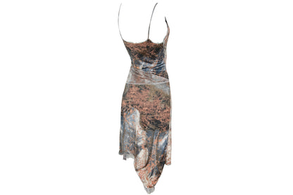 90s Italian designer silk abstract print dress with mesh trim - Made in Italy