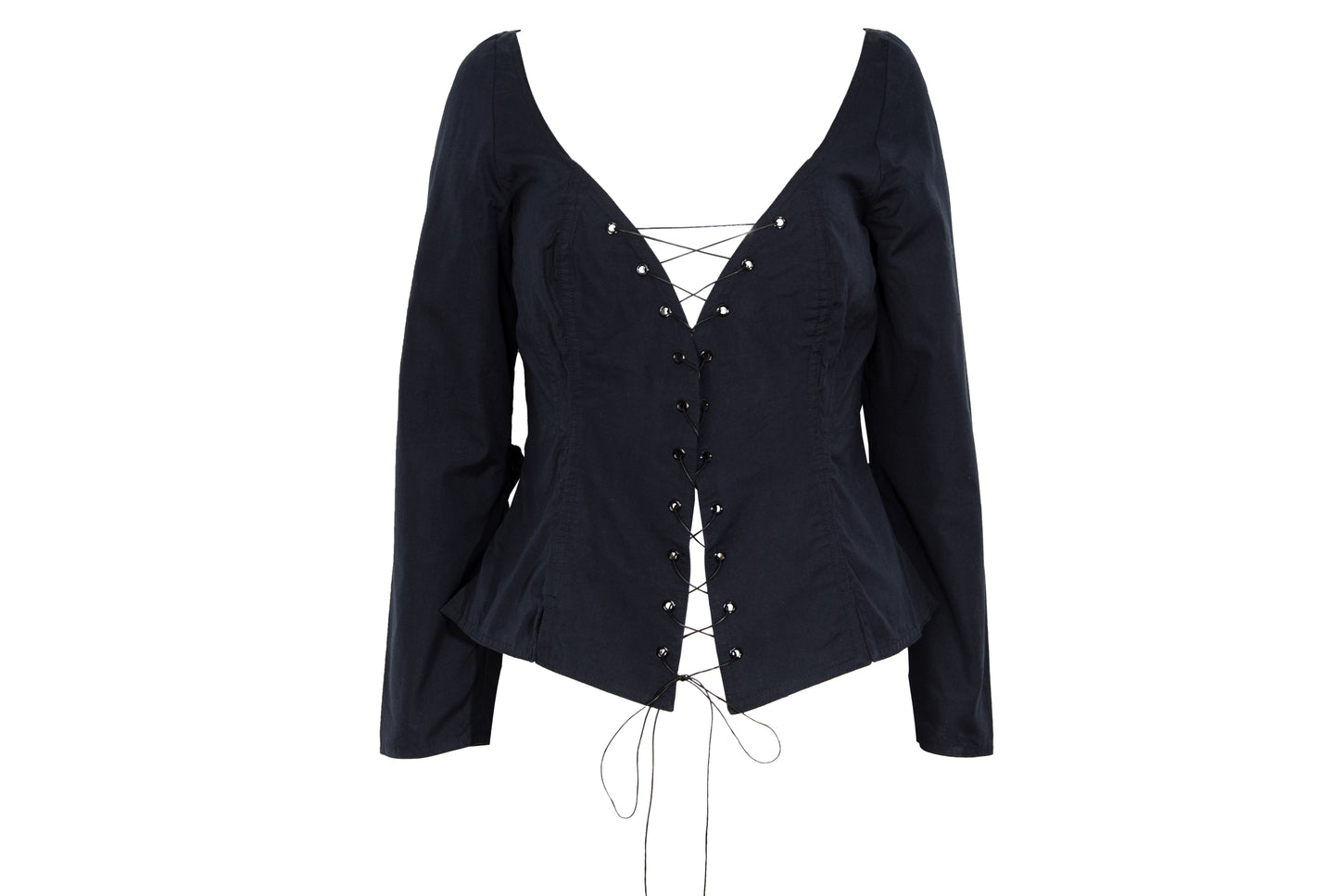 Vintage Easton Pearson black cotton corset inspired lace-up blouse with zip back opening